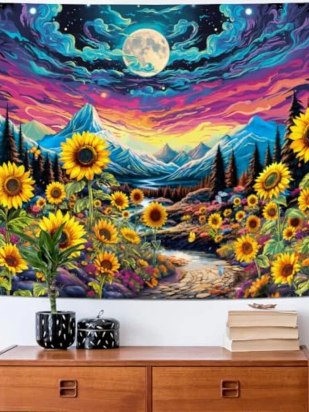 BRAND NEW Blacklight Moon Sunflower Tapestry Starry Night 59.1L x 51.2W